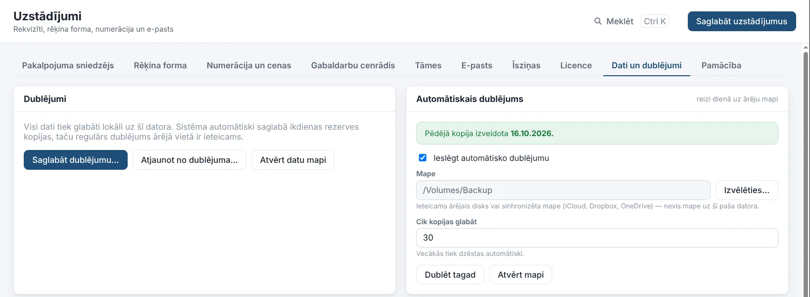 Uzstādījumi, Dati un dublējumi: manuāls dublējums un automātiskais dublējums reizi dienā uz ārēju mapi